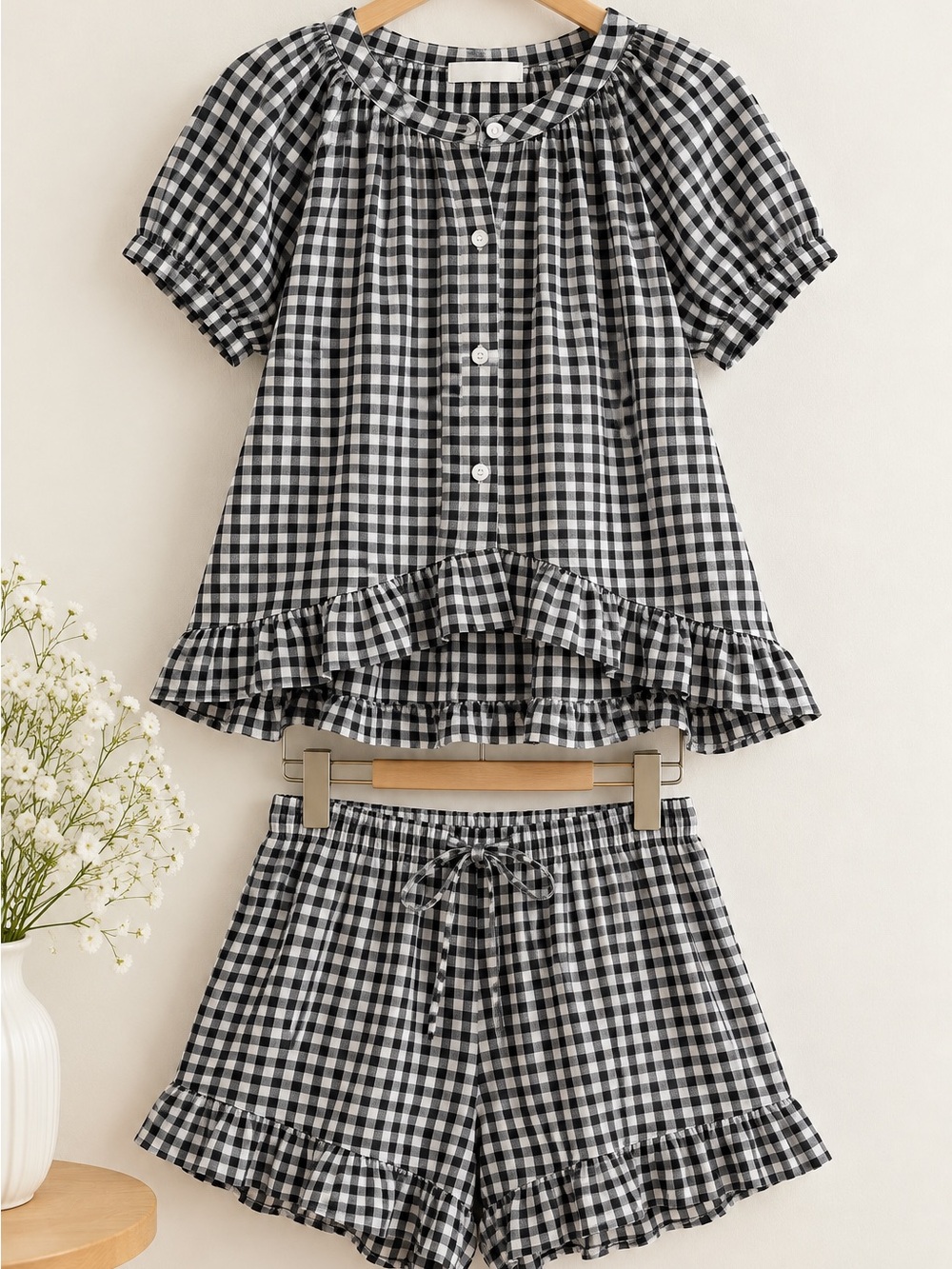 Women’s Black & White Gingham Ruffle Two-Piece Lounge Sleep Set